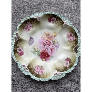 Antique RS Prussia Marked Porcelain Floral Serving Bowl Tray 11" Mint Green Gold